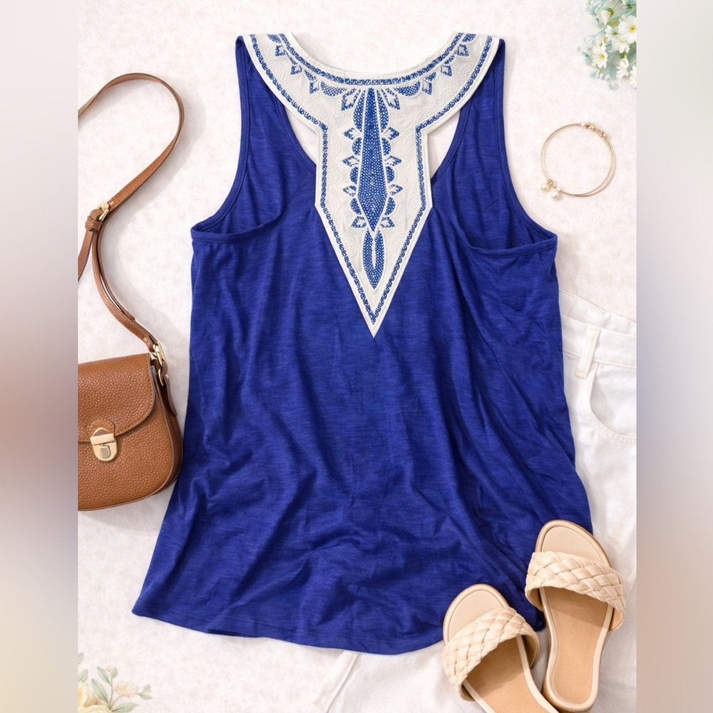 Gibson Blue Sleeveless Tank Top Embroidered Back Detail V-Neck Size S
